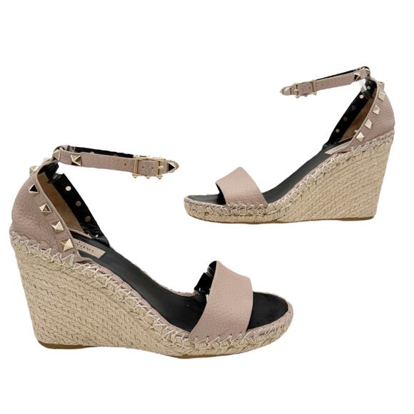 Valentino Rockstud Espadrille Wedge Sandals Nude Poudre Leather Size 40 US 10 - Picture 12 of 16
